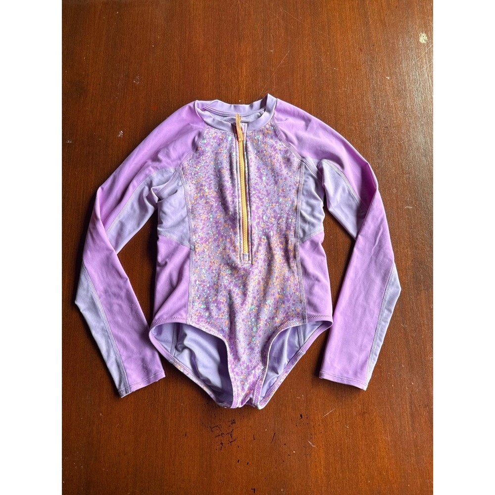 Athleta Girls Long Sleeve Purple neon specks Zip Up One Piece Swimsuit